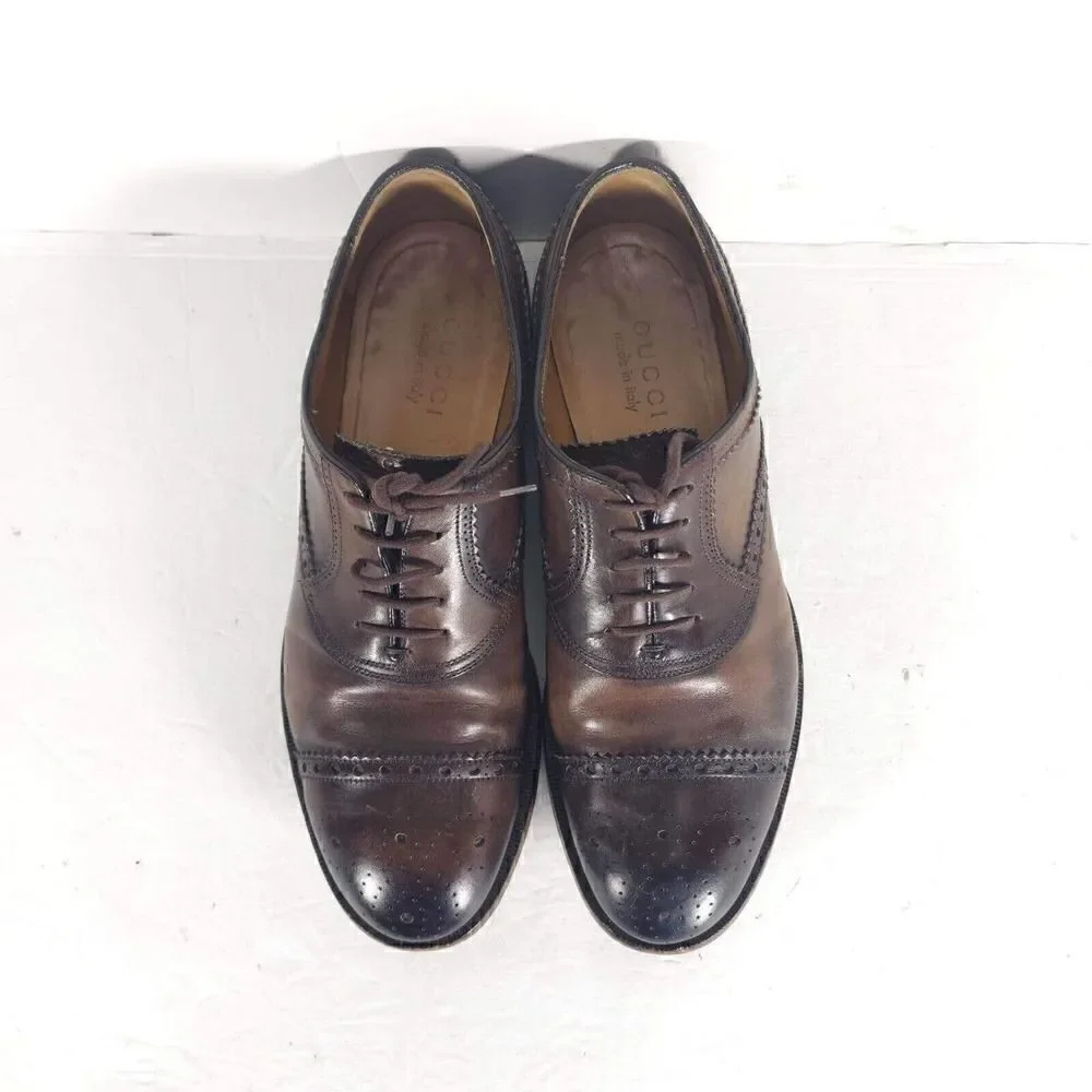 GUCCI Men's US7,5 Leather Brown Cap Toe Wingtip derby Oxfords Dress Shoes Italy